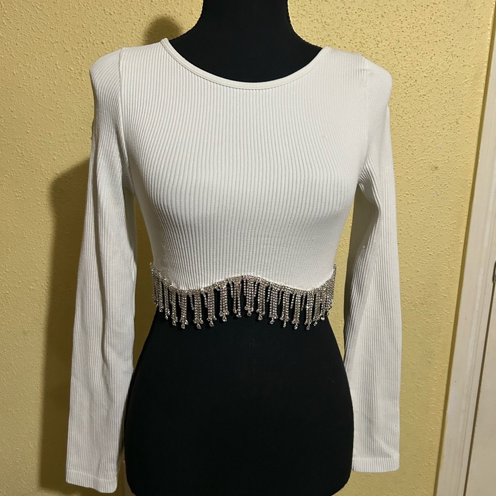 Sincerely Jules white rhinestone, long sleeve crop top
